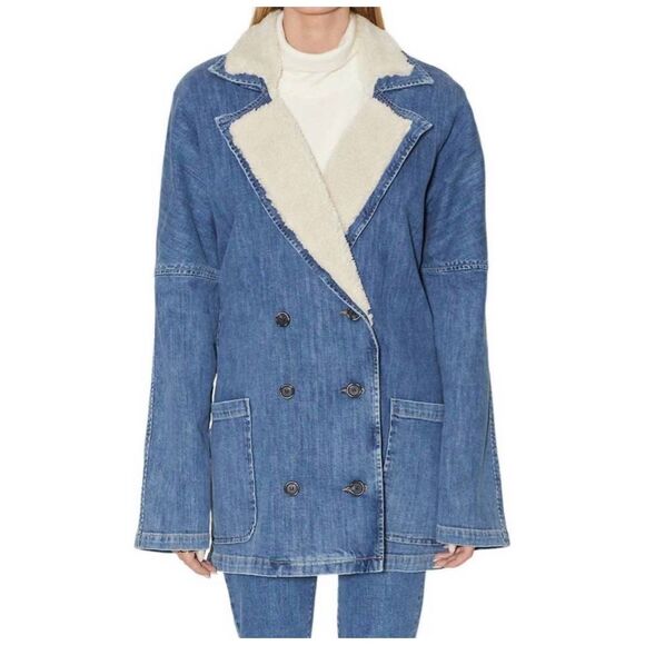 Anthropologie Le Jean Alina Faux Sherpa Coat Size Small Denim Jacket Western - Picture 4 of 10